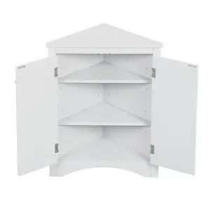 White Triangle Corner Storage Cabinet MDF Board with 2 Adjustable Shelves Anti-Tipping Device Modern Freestanding Cabinet for Bathroom Laundry Pantry