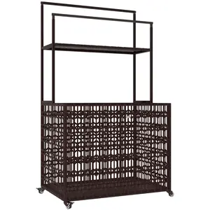 Wicker Pool Float Storage Organizer, PE Rattan Pool Float Holder with Basket Shelf Towel Bars, Rolling Pool Caddy for Floaties, Noodles, Life Vests, Beach Balls, Mixed-Brown