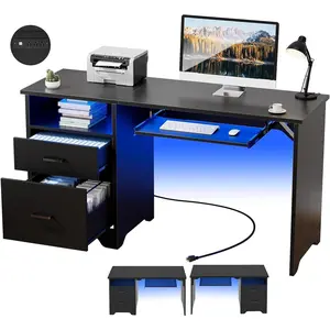 55 Inch Office Desk with Drawers, Reversible Computer Desk with RGB LED Light and Power Outlet, Sturdy Study Writing Desk with File Cabinet and Keyboard Tray for Workstation Bedroom, Black