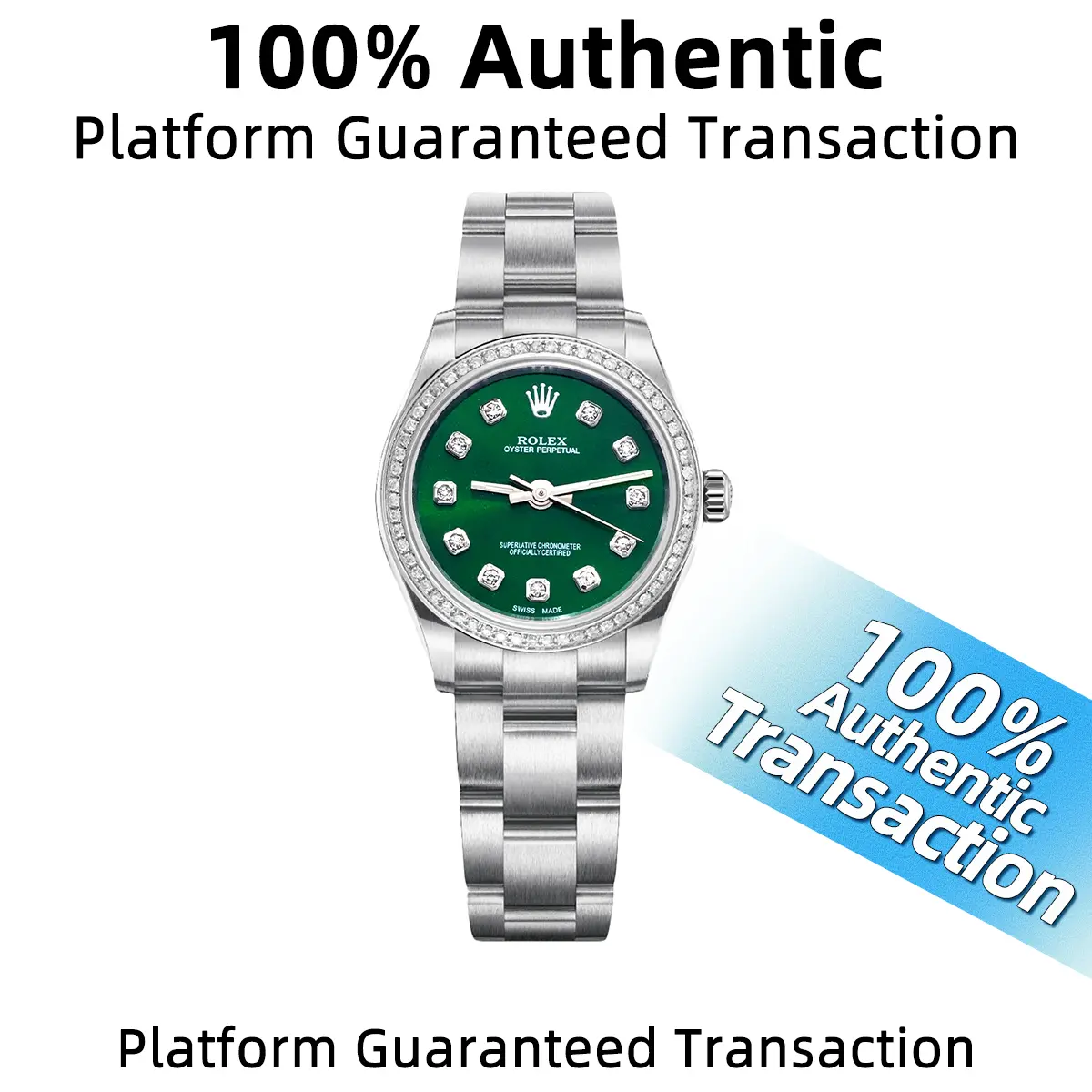 Rolex Oyster Perpetual series 76080   Automatic movement   25MM  Green dial Stainless steel with aftermarket diamonds  Ladies' watch WHT016076