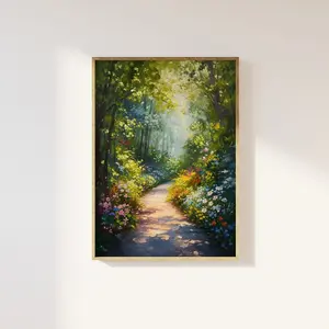 Path through the springtime woodland art print | enchanting scenery oil painting, cottagecore aesthetic beautiful sunshine countryside art Decor Landscape