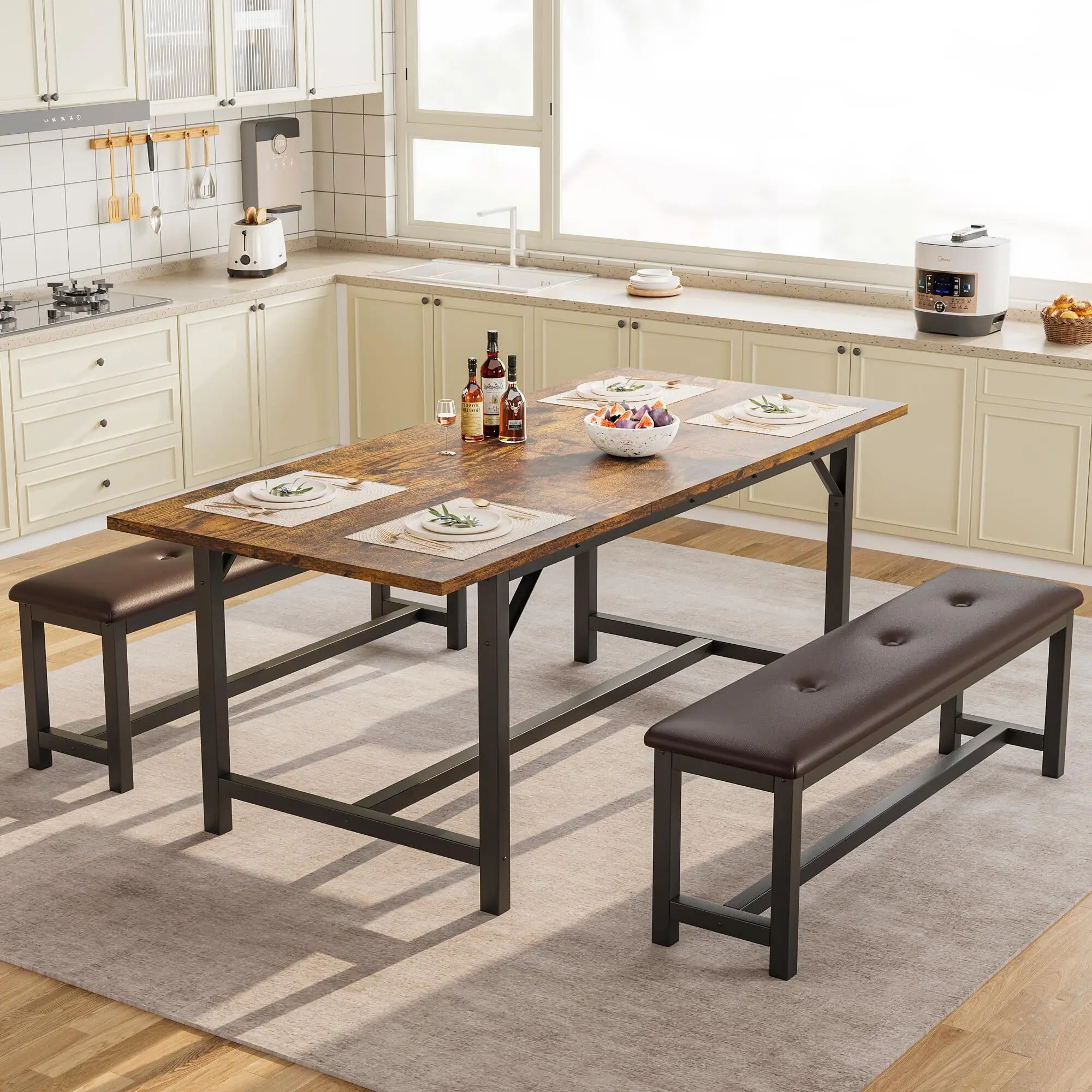 Retro Brown 3-Piece Extendable Dining Set: 2 Upholstered Benches & Space-Saving Table for 4-6, Large Rectangle Kitchen/Dining Room Set for Apartments