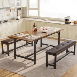 Retro Brown 3-Piece Extendable Dining Set: 2 Upholstered Benches & Space-Saving Table for 4-6, Large Rectangle Kitchen/Dining Room Set for Apartments