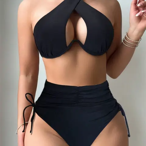 Women's 2-Piece Solid Underwired Chic Top Bikini Sets - New Design Halter Neck, Strapless Cutout Sporty Swimwear for Beach Lounging, Sports