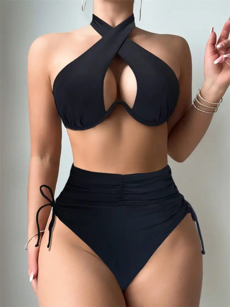 Women's 2-Piece Solid Underwired Bikini Set - New Design Halter Neck & Strapless Swim Top, Sports & Outdoor Swimwear for Beach & Poolside Lounging