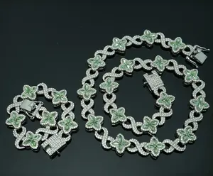 Iced Out Green 4-Leaf Clover Necklace & 8inch Bracelet Set – Bling Design Chain with Simulated Diamonds, Luxury Gift