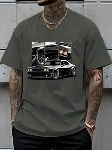 Men's Round Neck Short Sleeve T-Shirt, Summer Vintage Dodge Challenger Muscle Car Print, American Streetwear Loose Fit Top