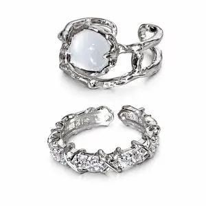 2-Piece Moonstone Ring Set, Adjustable Silver-Tone Copper Stackable Rings with Cubic Zirconia Accents