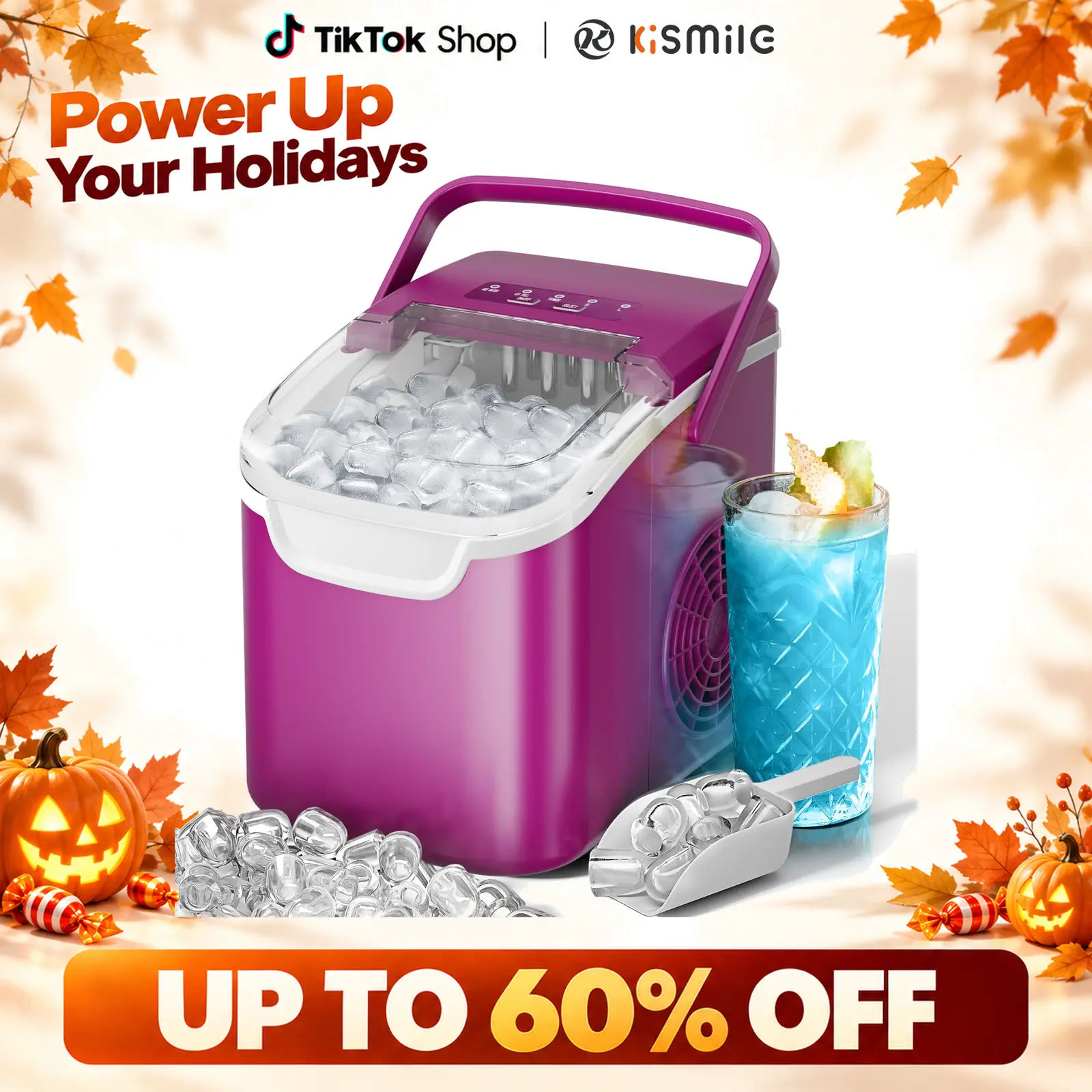 Kismile Countertop Icemaker with Handle - Bullet Ice Making Machine, 8 Cubes in 6 Mins, Portable Self-Cleaning Ice Machine for Home/Office (Purple),techvibes