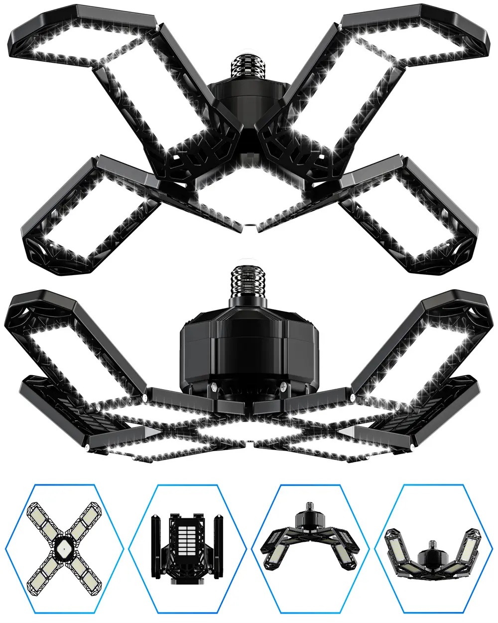 Inscrok 2 Pack Super Bright LED Garage Lights - 200W 20000 Lumen, Deformable E26/E27 Screw-in Ceiling Shop Work Lamp with 8+1 Adjustable Panels, Commercial Bay Lighting for Workshop and Basement.