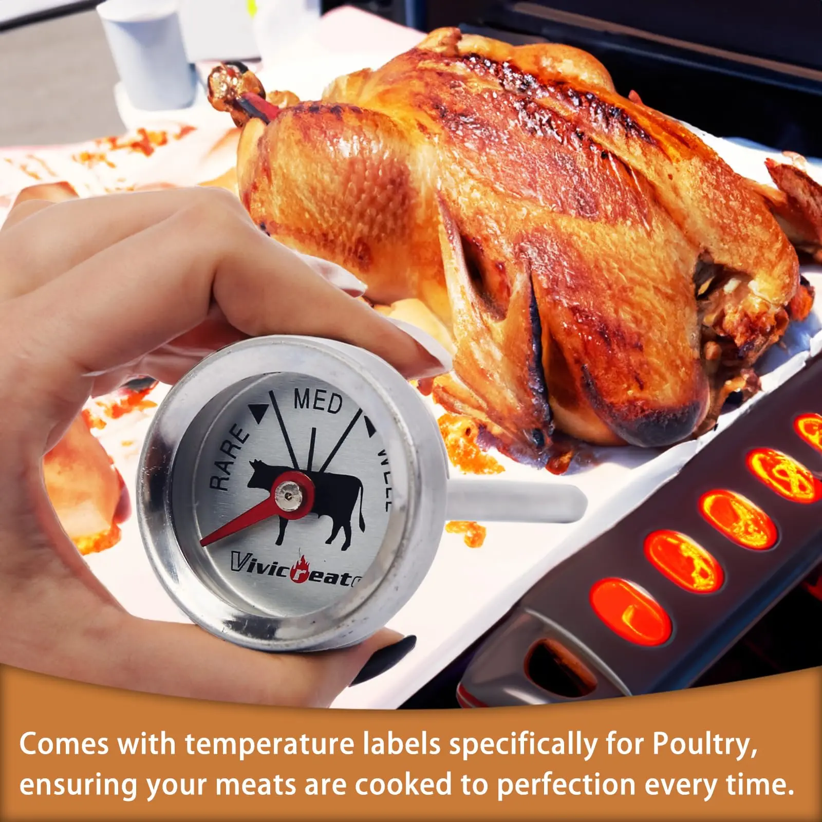 Vivicreate Stainless Steel Oven Safe Meat Thermometer, Extra Large 2.5-inches Dial, Temperature Labeled for Beef, Poultry, Pork Kitchen Utensils