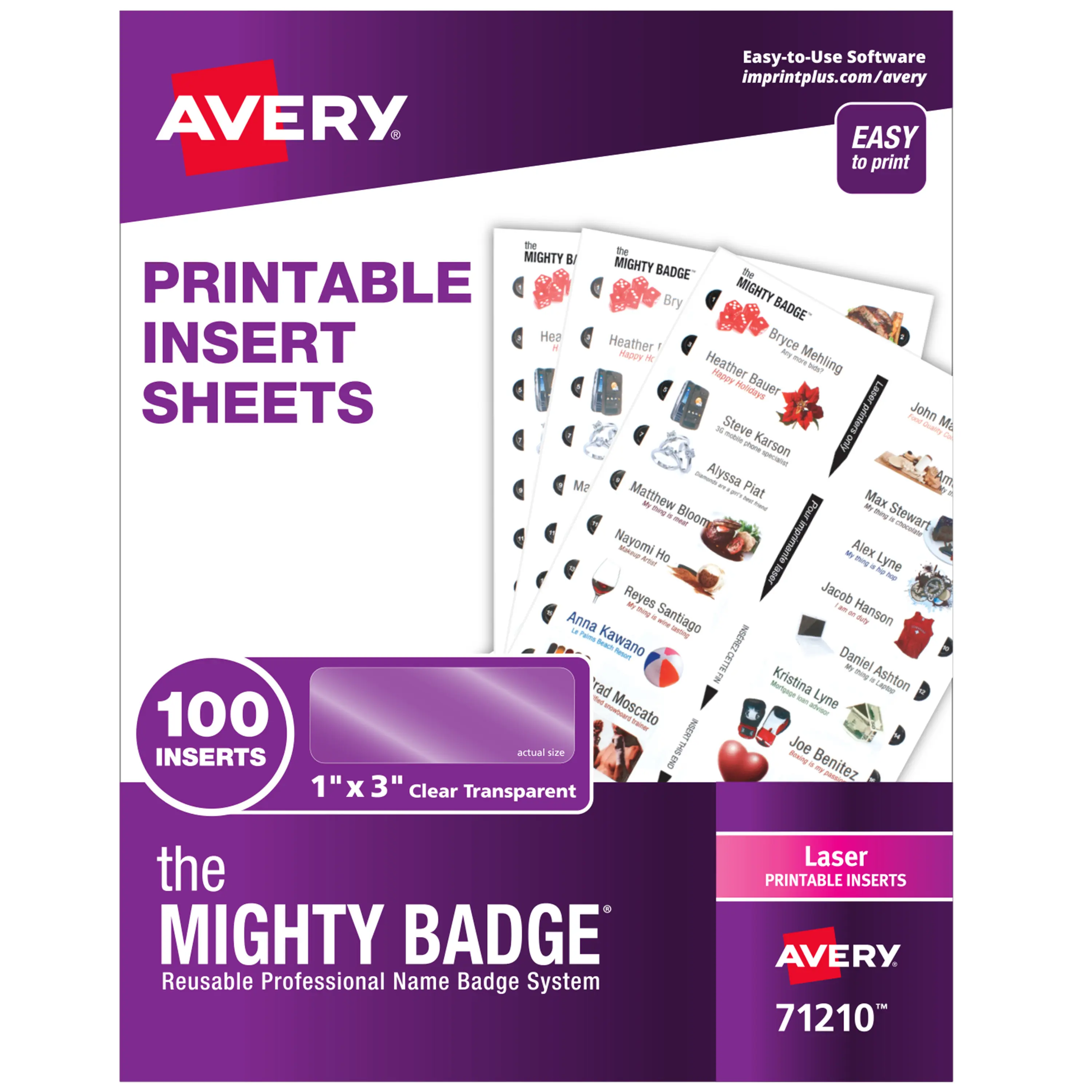 Avery Reusable Magnetic Professional Name Badge System Refill Sheets - Customizable, Personalized 1"x3" Name Badges Inserts, Laser Printer Compatible Office Supplies, 100 Printable Inserts (71210)