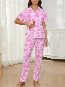 Women's Sleepwear Set, Cow Pattern Printed, Elegant Casual, Comfortable Lapel Short Sleeve Top & Wide Leg Elastic Pants, Loungewear Pajama Set