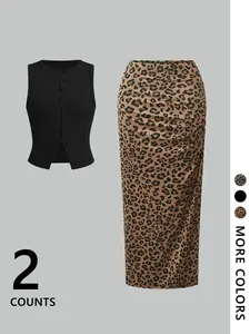 Women's Leopard Print Open Front Crop Vest & Skirt Two-piece Set, Casual Fashion Cozy Two Piece Outfits for Daily Outdoor Wear, Women Clothes for Spring Fall, Suits, Womenswear, Stretchy Outfit Sets