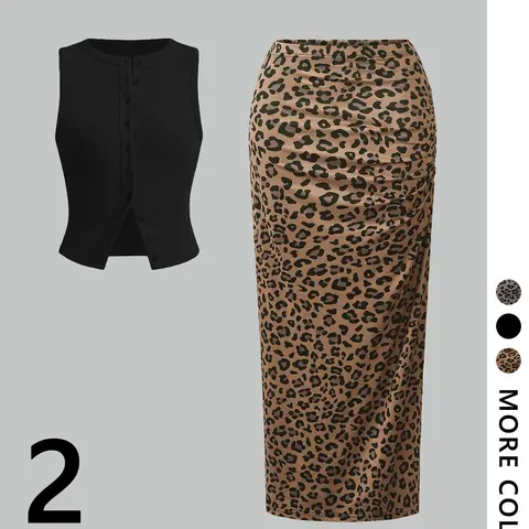 Women's Leopard Print Open Front Crop Vest & Skirt Two-piece Fitted Set, Casual Fashion Cozy Two Piece Outfits for Daily Outdoor Wear, Women Clothes for Spring Fall, Suits, Womenswear, Stretchy Outfit Sets, Fitted Clothing Set