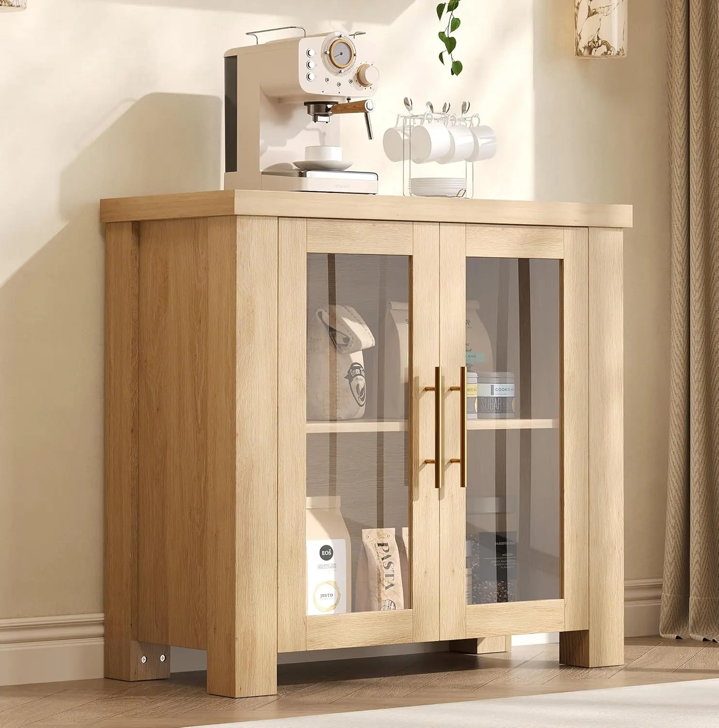 Buffet Cabinet with Storage, 31.5" Sideboard Credenza with Tempered Glass Doors, Wood Buffet Table for Living Room, Dining Room, Kitchen, Natural Wood
