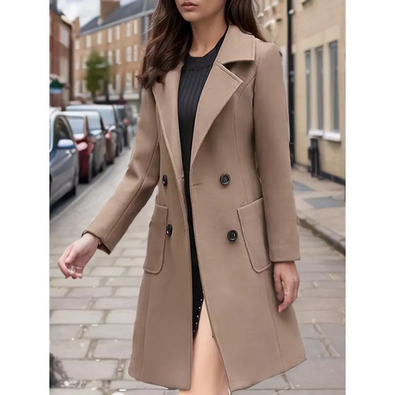 Womens Chic Solid Color Open Front Jacket - Lapel Neck, Double-Breasted, Long Sleeve - Perfect For Winter & Fall Fashion