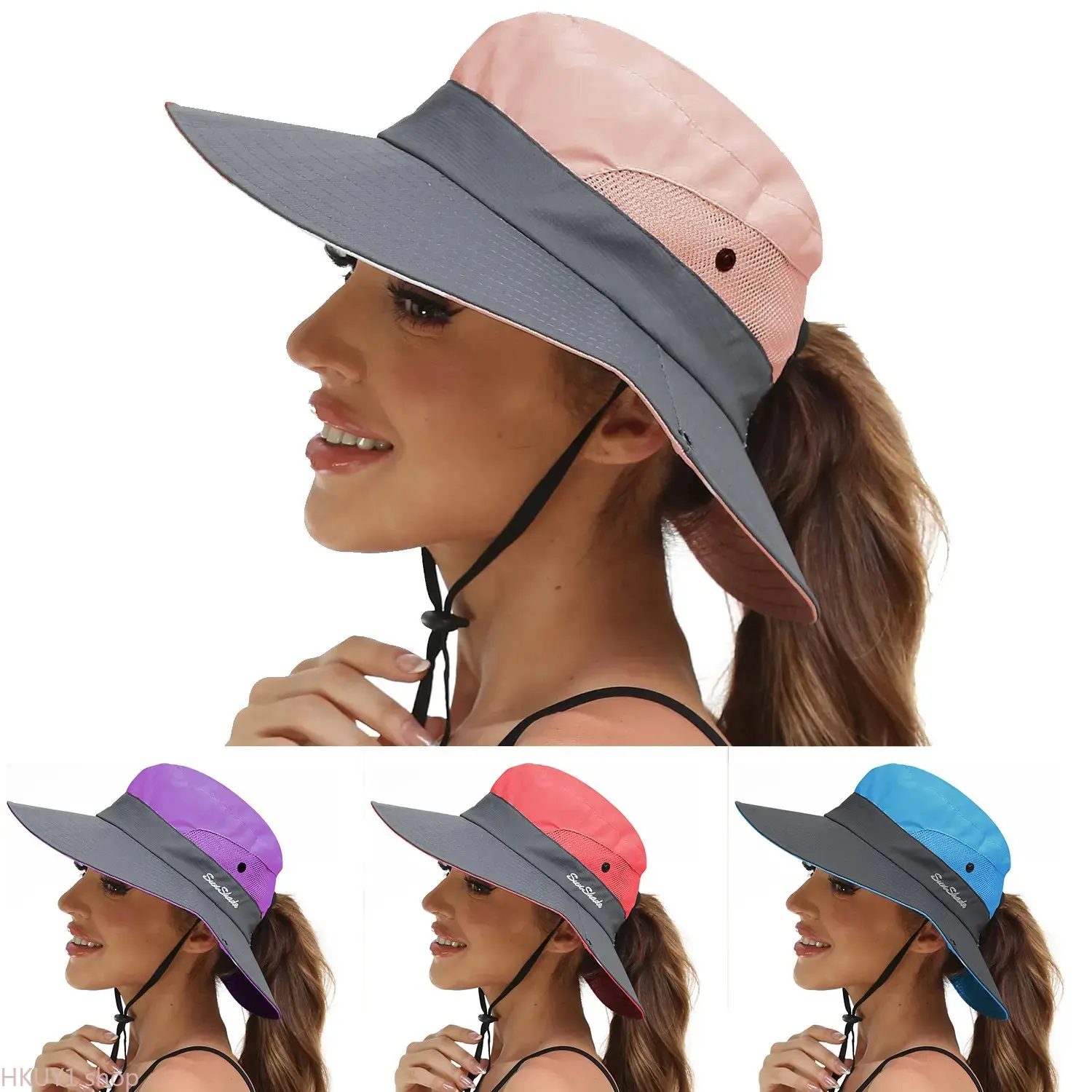 Women's Polyester Fiber Wide Brim UV Protection Bucket Hat with Ponytail Hole, Lightweight Foldable Design, Adjustable Drawstring, Sweat Band for Fishing, Outdoor Recreation (Luggage & Bags Accessory), Beach, Hiking, Gardening, Breathable Design, Fabric,