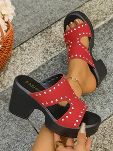 Women's Red Studded Platform Mule Sandals, Cut-Out PU Upper with Chunky Block Heel, Non-Slip Open Toe Dress Shoes for Party and Daily Wear