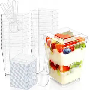 20 & 50 Clear Cups Plastic 5 Oz Mini Dessert Cups with Lids & Spoons - Stylish Modern Design, for Individual Serving, Party Use Disposable Set