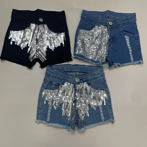 Girl Summer Denim Shorts Sequin Summer Bottom Adjustable Waist