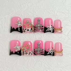 Y2K Hot Pink Leopard Press-on Nails | Handmade Cyberpunk Cross & Star Charms Nails | Grunge Aesthetic E-Girl Reusable False Nails Glitter Rhinestone
