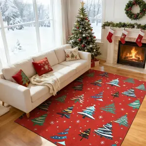 Garvee Red 6x9 Area Rugs for Living Room, Washable Rug for Home Decor, Indoor Non Slip Carpet, Soft Low Pile Christmas Rug with Xmas Tree Motif for Bedroom, Dining Room