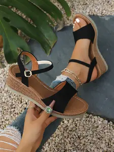 Women's Straw Wedge Trending Sandals, Fashion Wedges, Velvet Open-Toe Ankle Strap Thick Sole High Heels, Adjustable Buckle Anti-Slip Summer Casual Shoes