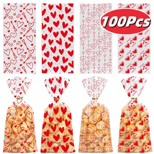 Valentine Treat Bags, 100 Pcs Valentines Cellophane Bags, Plastic Clear Red Valentine Candy Cookie Gift Goodie Snack Bag with 100 Pcs Twist Ties for Valentines Wedding Party Favor Supplies, 4 Styles
