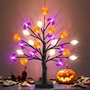 18 Inch Black Halloween Tree Light with 24 LED Pumpkin Bat Ghost Lights, Timer/USB/ Operated Halloween Lights Halloween Decorations Indoor Outdoor for Home Table Mantle Halloween Party Decor
