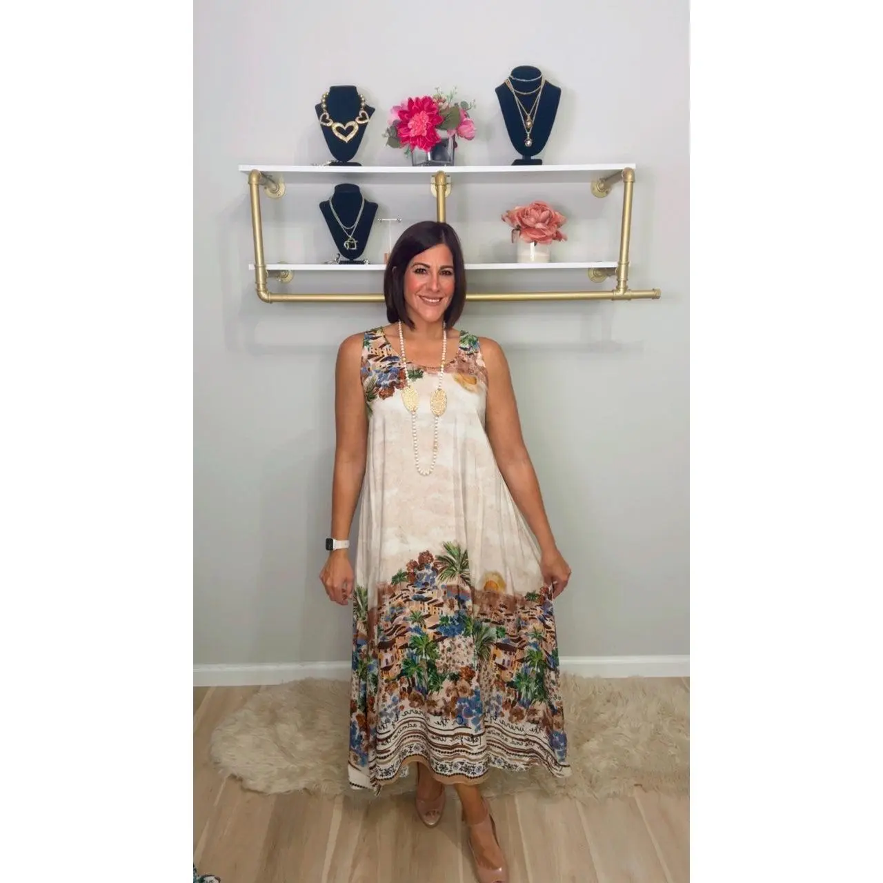 Italian Sleeveless Stamped Dress in Viscose - Made in Italy, One Size Fits Chest 42" & Hips 52"