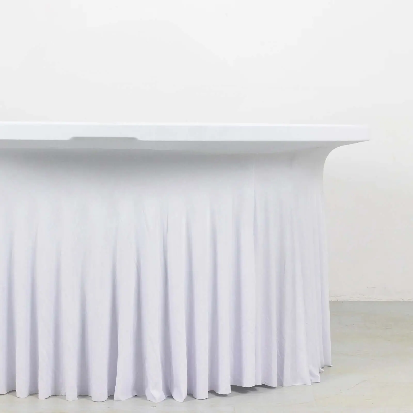 6ft White Stretch Spandex Round Tablecloth - Classic Ruffled Table Cover Skirt for Christmas, Birthday, Wedding, Photo Booths, Corporate Events