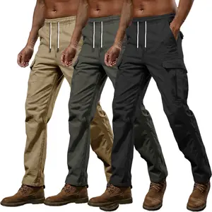 Men's 3-Pack Regular-Fit Cargo Trousers, Plain Sportswear with Multiple Pockets & Drawstring, Softshell Windproof Casual Bottoms for Outdoor Activities (Black + Gray + Khaki)