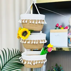 3-Layer Hanging Basket with Tassels |   Multifunctional Wall or Door Home Decor Organizer, Suitable for Bedroom, Living Room, and Entryway - Ideal Christmas Gift, Mixed Color Textile Material