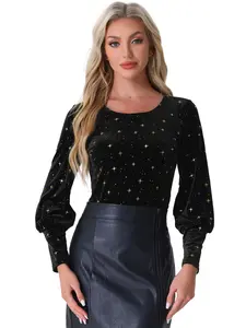 INSPIRE CHIC Velvet Blouses Metallic Glam Vintage Shiny Crew Neck Long Sleeve Top