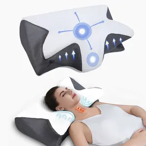 Slow-rebound premium ergonomic memory foam neck pillow with two different heights for neck and shoulder relaxation, and contoured armrests for side and stomach sleepers. Cooling, breathable cover.