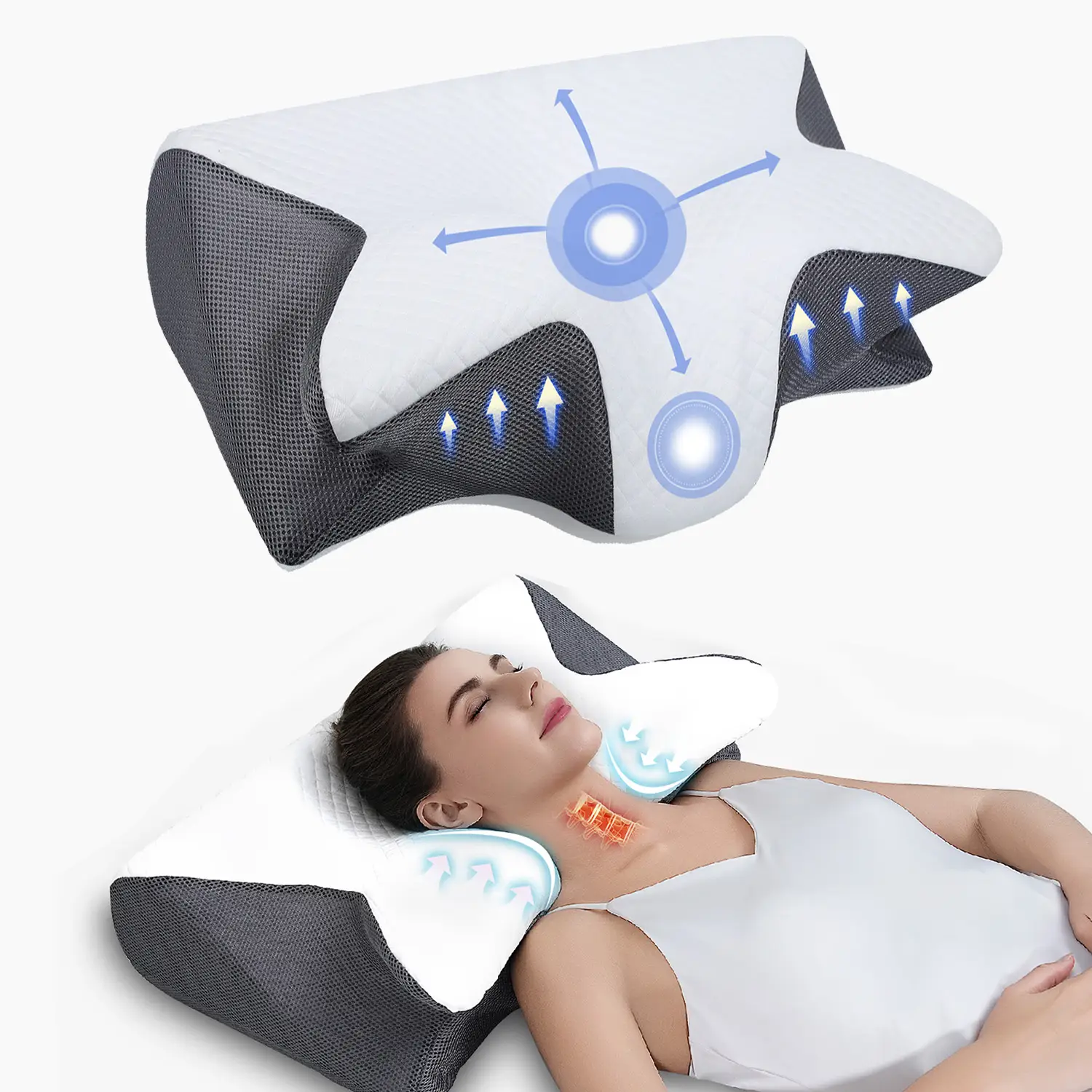 Slow-rebound premium neck pillow with two different heights, memory foam for neck and shoulder relaxation, and contoured armrests for side and stomach