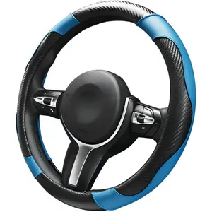 Steering Wheel Cover, 15 inch Carbon Fiber Microfiber Leather Elastic Steering Wheel Protector, Breathable Anti-Slip Comfortable Steering Wheel Covers for   (Black&Blue)