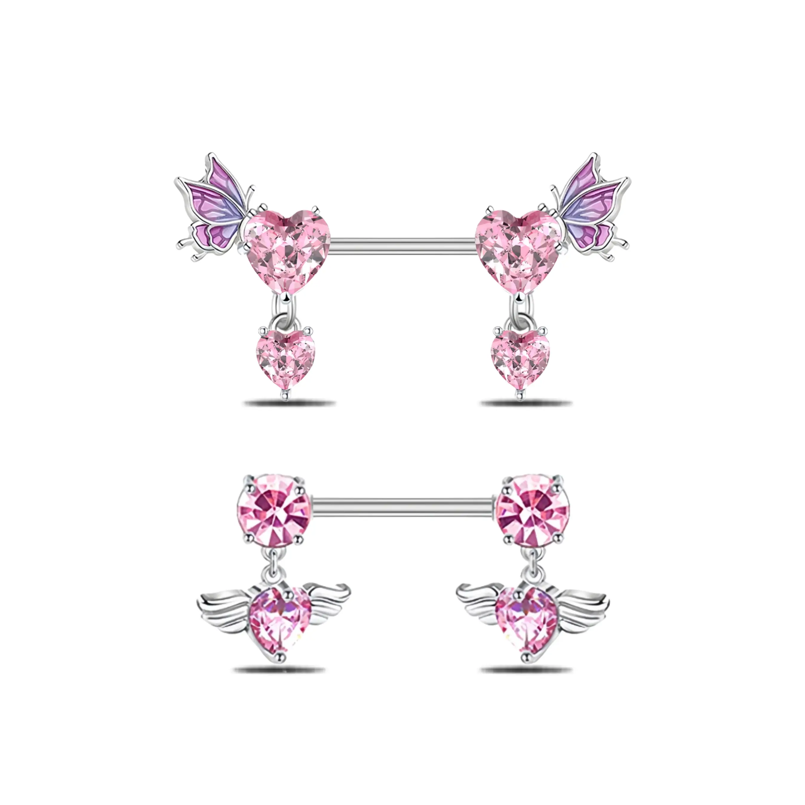 HERVAY Pink Angel Wing Nipple Ring 14G/14MM Stainless Steel Crystal Star Heart Unisex Body Piercing Jewelry for Women & Men