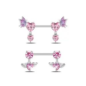 HERVAY Pink Angel Wing Nipple Ring 14G/14MM Stainless Steel Crystal Star Heart Unisex Body Piercing Jewelry for Women & Men