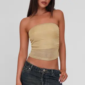 Women's Strapless Backless Bandeau Crop Top with Mesh Detail and Finish, Fitted Tube Top for Going Out, Going Out Top, tank top, crop tops, Fitted Tank Top