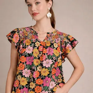 UMGEE FLORAL SPLIT NECK SMOCK DETAIILING DOUBLE FLUTTER SHORT SLEEVE