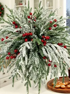 20pcs Artificial Norfolk Pine Branches With Red Berry, Christmas Greenery Picks, Christmas Tree Decorations, Norfolk Pine Stems Fake Pine Tree Needle Sprigs For Vase Filler DIY Craft Garland Home Decorations Frost Christmas Decorations Room Decor