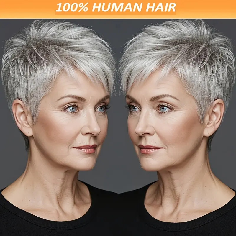 Female Short Pixie Cut Wigs Human Hair, 6 in Straight Style with Bangs, 150% Density Rose Net Cap for Daily Wear & Parties