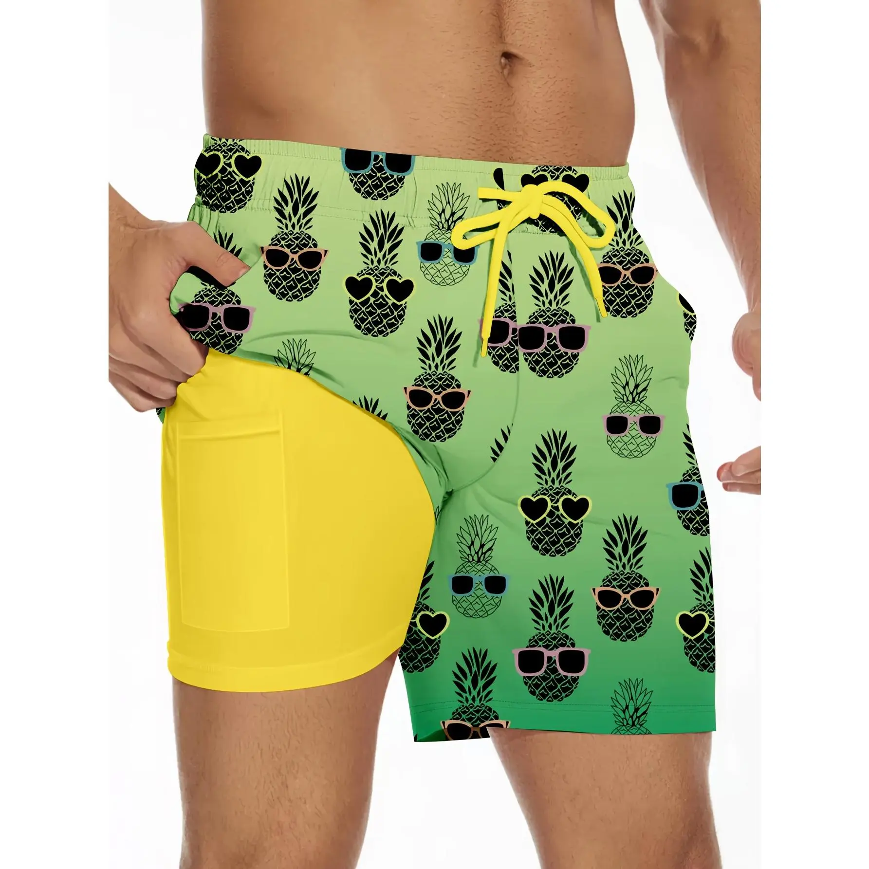 Men's Swim Trunks, Pineapple Print Woven Summer Beach Shorts with Pockets, Quick-Dry Regular Fit Board Shorts, All Over Print, Machine Washable, Casual, Adult, Male, Polyester, Standard Sizes, Beach Cover Ups, Beach Wear