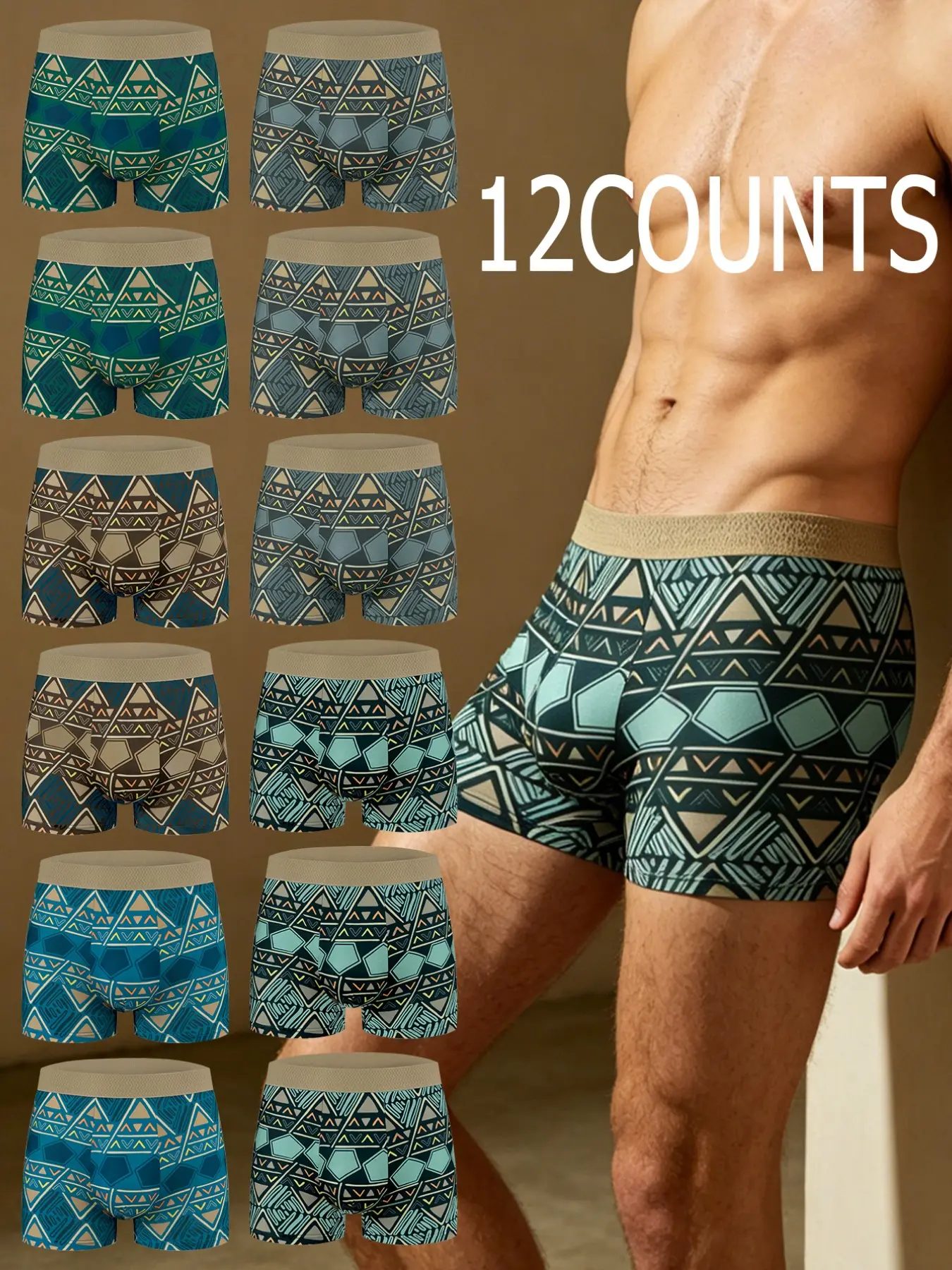 12 pcs men's Fashionable printed Fitted Boxer Shorts, slim and durable, lightweight - soft fabric, Suitable for daily wear, comfortable and casual, Elastic waistband, suitable for all seasons, Novel men's underwear, Underwear Boxers