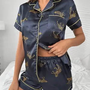 Asona Miami Women's Leopard Print Satin Pajama Set - Short Sleeve Button-Up Top, Nightwear, Comfortable and Stylish Design for Womenswear Homewear