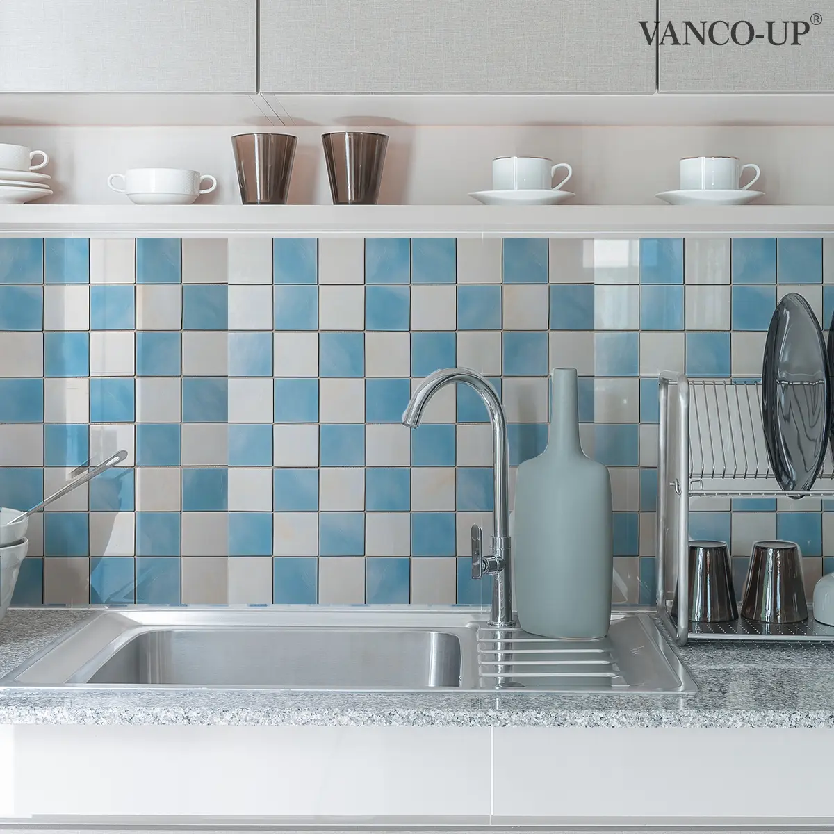A set of 12 pieces (20*20cm*12pcs) 2D flat light-colored blue and white checkered retro symmetrical floral brick wall stickers for kitchen and bathroom, wall sticker decorative wallpaper wall sticker tile sticker ACZ20066