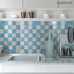 A set of 12 pieces (20*20cm*12pcs) 2D flat light-colored blue and white checkered retro symmetrical floral brick wall stickers for kitchen and bathroom, wall sticker decorative wallpaper wall sticker tile sticker ACZ20066