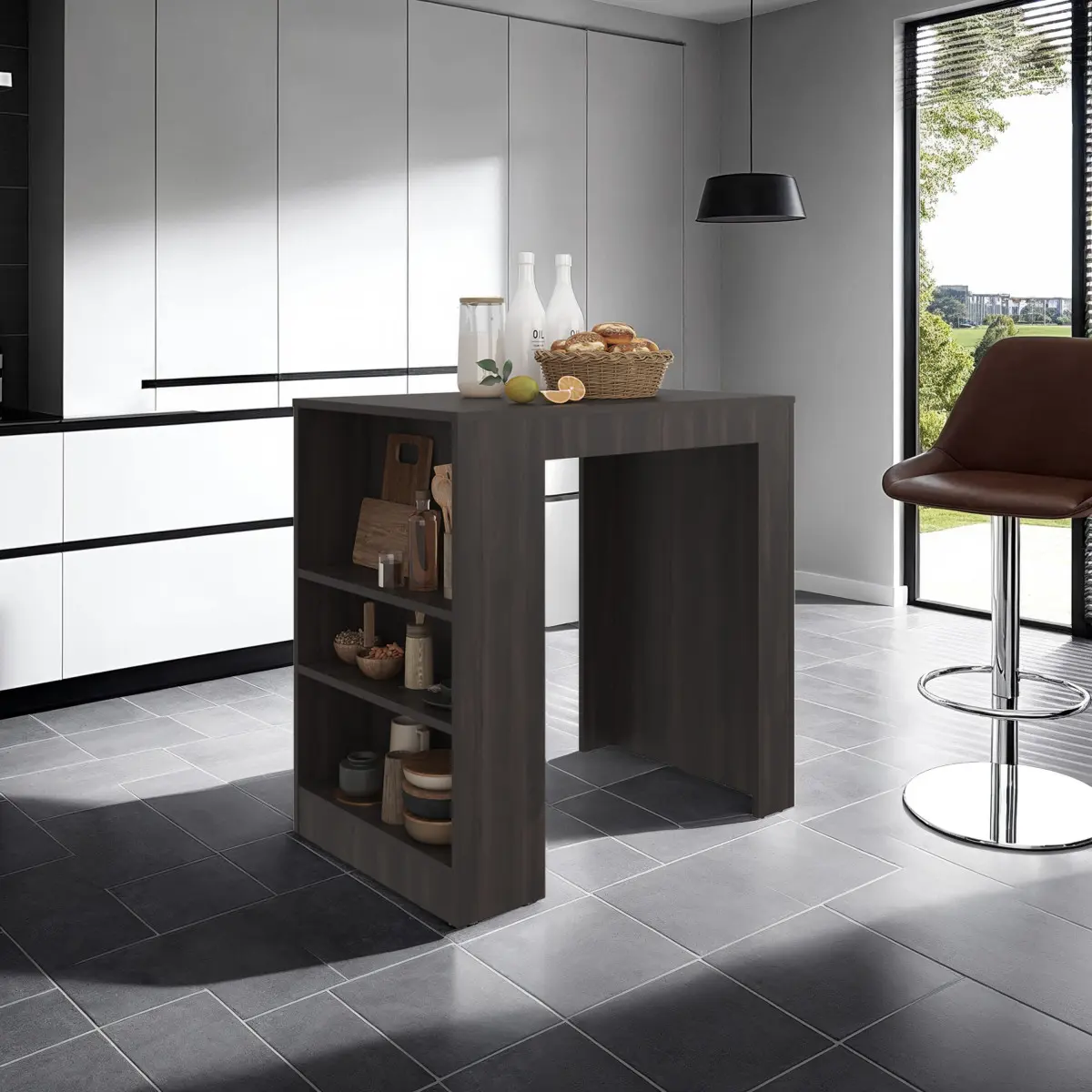 Lacour Durable Engineered Wood Kitchen Island - 36.2" W x 23.2" D x 35.9" H, 74.08 lbs, Space-Saving Kitchen Bar Table with 3-Side Shelves, Easy Care, Dark Walnut, Ready to Assemble, CPSIA/TSCA Title VI Compliant, Assembly Required